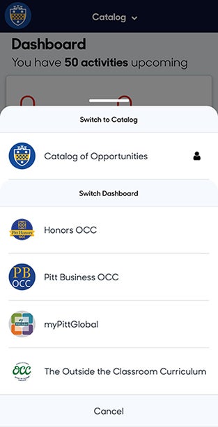 Catalog of Opportunities Switch to Catalog menu options