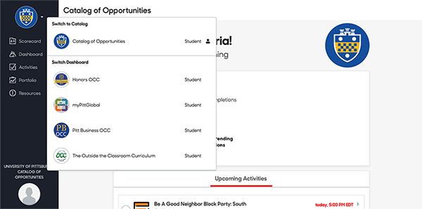 screenshot of dashboard selections menu in Catalog of Opportunities